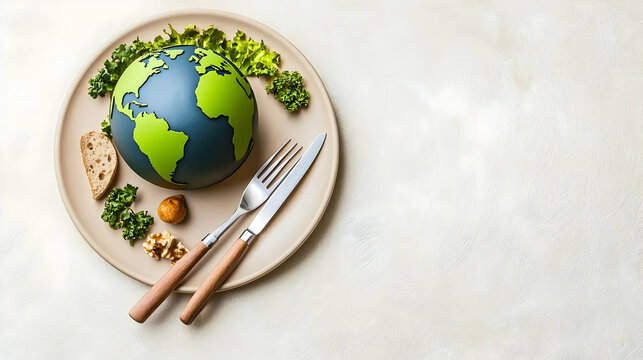 Green And Blue Globe On A Beige Plate With Bread And Green Vegetables Representing Eating For A Sustainable Future On A Beige Textured Background