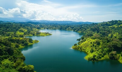 Aerial View of a Pristine Lake Surrounded by Lush Green Forest