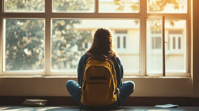 Student reflecting quietly by the window in a study area during late afternoon hours