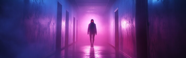 Mysterious Figure in Hallway with Glowing Red Eyes