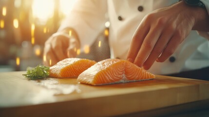 Chef preparing fresh salmon fillets for a meal