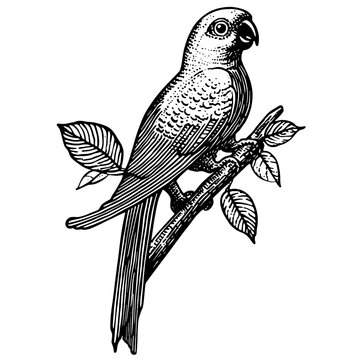 Elegant engraved parrot perched on a branch among vibrant leaves, perfect for tattoo enthusiasts and illustrative design lovers