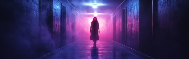 Mysterious Figure in Hallway with Glowing Red Eyes
