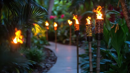 Tropical Pathway Lit by Tiki Torches