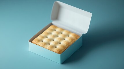 Single Square Cracker in Light Blue Box, Close-up Studio Shot