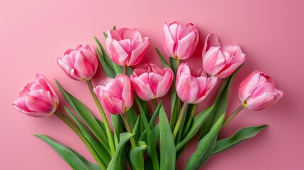 Obraz premium Beautiful Pastel Pink Background with Bouquet of Pink Tulip Flowers for Valentines Day and Easter