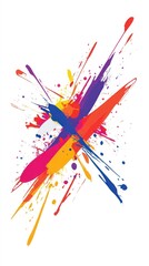 Illustration of an abstract composition of vibrant, multicolored paint splatters and streaks creating a dynamic and energetic visual effect against white background