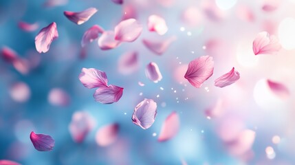 A serene scene of delicate petals falling from the sky, set against a dreamy, soft-focus background of blurred pastel colors and light bokeh effects. The petals appear frozen in time, with some gently