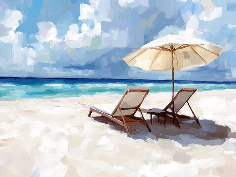 Chaises longues et parasol sur une plage paradisiaque, illustration