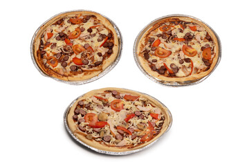 Tasty pizza with salami, sausages, cheese, onions and sauce.