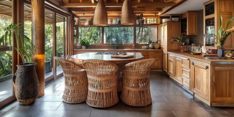 Fototapeta premium A beautiful wooden kitchen with woven chairs and natural light