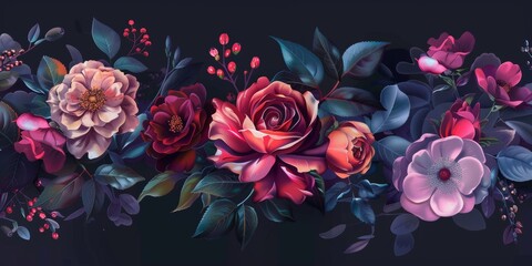 Beautiful romantic flower collection with roses leaves and floral bouquets compositions