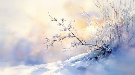 Winter sunrise snow-covered branch