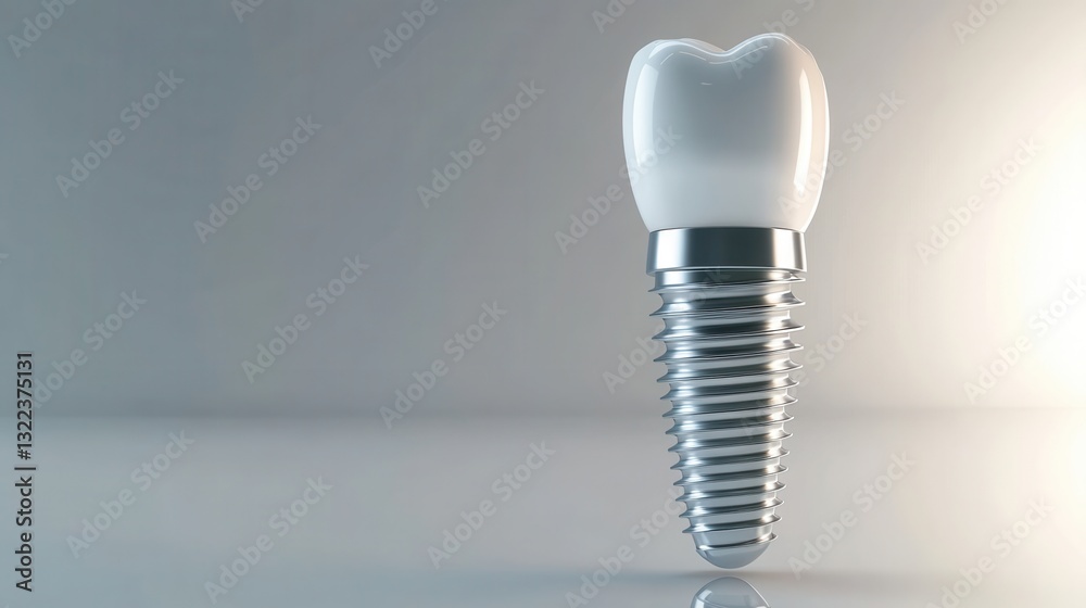 Poster floating titanium dental implant showcasing precision and high-tech quality against a sleek metallic