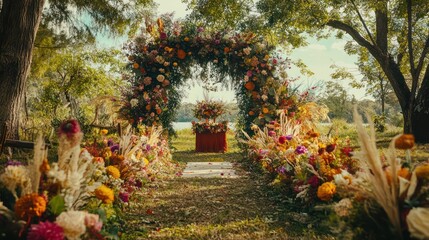 Rustic Floral Wedding Arch by Lake