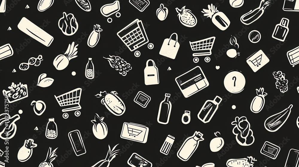 Aufkleber Grocery themed seamless pattern featuring shopping icons in minimalistic monochrome design ideal for various backgrounds and surfaces
