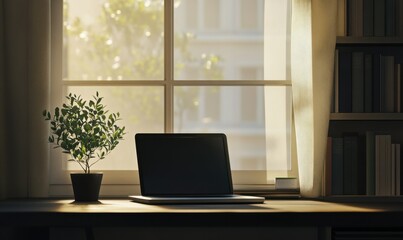 Minimalist desk with a sleek laptop and a small potted plant, bathed in soft natural light from a nearby window, symbolizing focus and clarity.