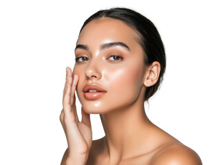 Elegant young woman touching her face with radiant skin