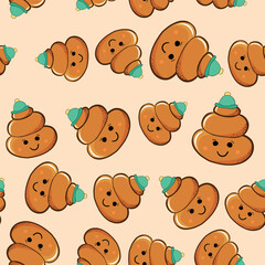Seamless pattern with kawaii poop on white background. Cartoon poo, feces icons. Shit patterns, evil turd. Vector illustration for invitation, poster, card, fabric, textile. Doodle style.