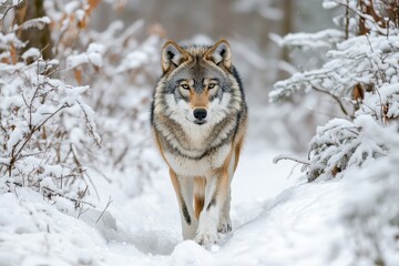 Naklejka premium Majestic Wolf Walking Through Snowy Forest Landscape in Winter