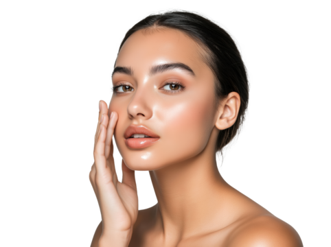 Elegant young woman touching her face with radiant skin