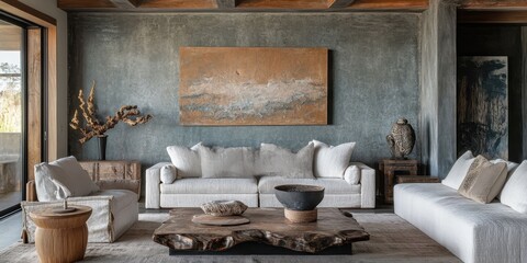 Beautifully Decorated Living Room Featuring Modern Comfortable Furnishings And Art