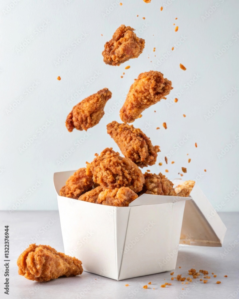 Aufkleber A container overflowing with fried chicken pieces, some floating above it against a light background.