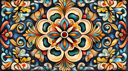 Fototapeta premium A beautifully crafted ornate tile pattern with intricate design, vivid colors and cultural significance. Vivid Glare. Illustration