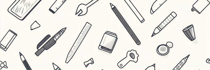 Seamless pattern featuring design tools with clean icons in a professional monochrome palette