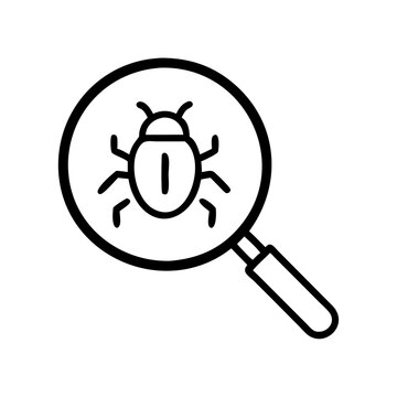 magnifying glass icon with a bug for debugging in a simple line art style on white background
