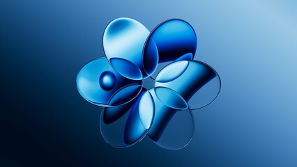 3d rendered oval glass shapes floating on a reflective surface. Futuristic abstract composition depicting blue crystals. Blue crystals in the shape of flower petals