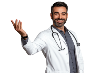 Portrait of a doctor in a white coat smiling and gesturing isolated on transparent background