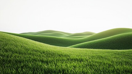 Obraz premium A panoramic vista of rolling green hills covered in lush, vibrant, short grass, with a clear, bright white sky, perfectly depicting a wide grassy meadow landscape