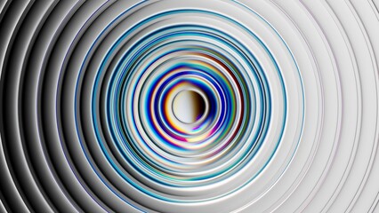 An abstract image featuring concentric circular waves in vibrant colors, set against a backdrop of diagonal black and white lines. 3d rendering of the effect of dispersion.