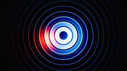 3d render. Abstract round neon shape with blue red gradient, isolated on black background. Ribbed glass wallpaper. © NeoLeo