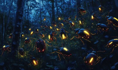 Firefly beetles illuminate a night forest habitat