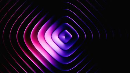 3d render. Rhombus with rounded corners illuminated with pink blue neon light. Abstract geometric background of ribbed glass with purple gradient effect