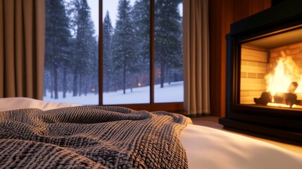Cozy winter cabin interior with a warm fireplace and snowy forest view through large windows