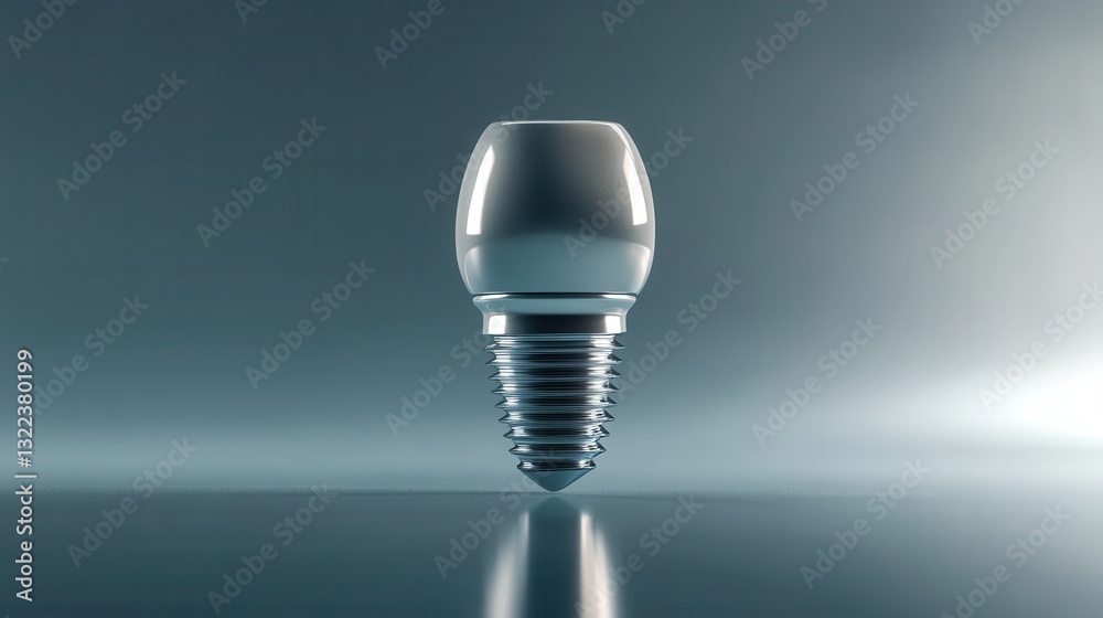Poster floating titanium dental implant displayed on sleek metallic background with soft reflections and sm