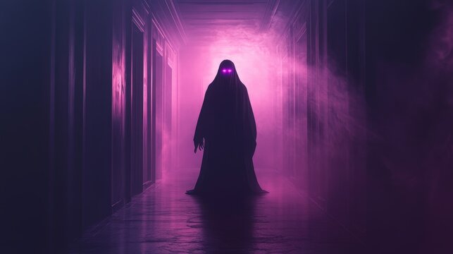 Mysterious Figure in Hallway with Glowing Red Eyes