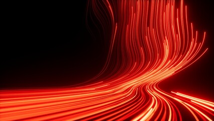3d render, abstract background of red wavy neon lines glowing in the dark. Speed of light. Fantastic wallpaper