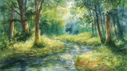 Obraz premium Dappled Sunlight in a Peaceful Forest Glade. Artwork, watercolor painting illustration of soft sunlight filtering through the trees of a serene forest glade, while a small stream flows gently.