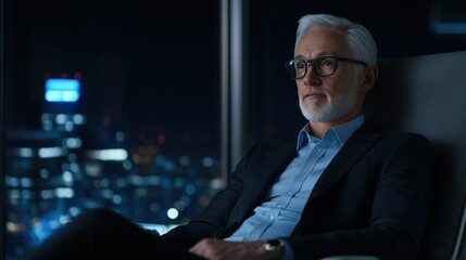 Fototapeta premium Contemplation and Cityscape: A distinguished, mature businessman gazes pensively out of a panoramic window, reflecting on his accomplishments.