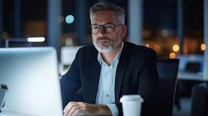 Dedicated Professional Working Late: An experienced professional engrossed in his work, illuminated by the soft glow of a computer screen in a dimly lit office setting.
