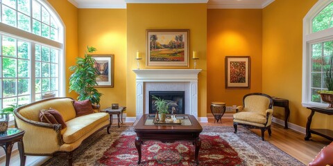 A living room interior is filled with decorative furnishings and art