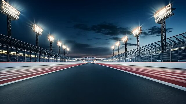 A nighttime view of a well-lit racetrack with a focus on the asphalt and lighting.