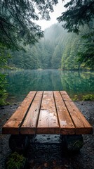Fototapeta premium Serene lakeside retreat a rustic table amidst natures tranquility