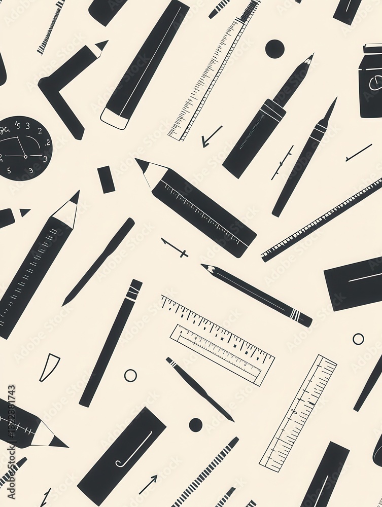 Poster Seamless pattern design featuring icons of design tools in a soft monochrome palette showcasing creativity and professionalism