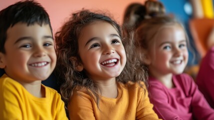 Obraz premium Joyful Smiles of Childhood: Three children, full of innocence and glee, beam with radiant smiles, capturing the pure essence of childhood happiness and the heartwarming bond of friendship.