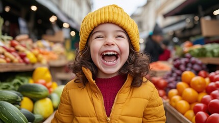 Fototapeta premium Joyful Girl at the Market: A charming young girl with curly hair radiates pure joy as she laughs heartily at an outdoor market, surrounded by colorful produce and the lively atmosphere of the vendors.